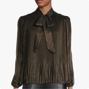 Nanette Lepore Very Black & Gold Pleated Bow Neck Women Medium Blouse